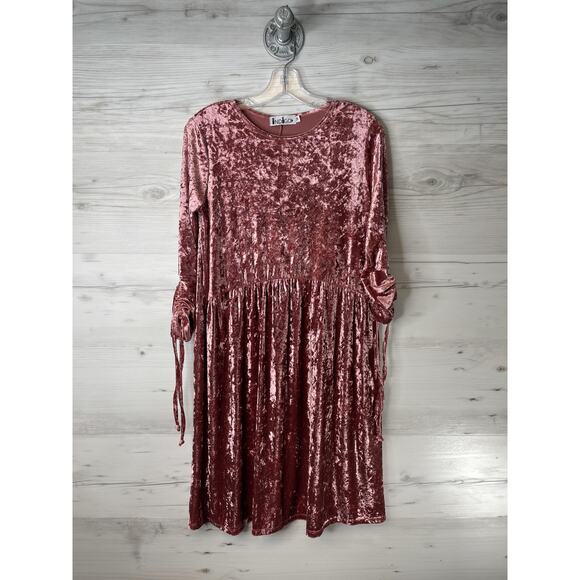 Indigo Other - Indigo Dress Girls 18 Pink Crushed Velvet Long Sleeve Ruched Made USA Tie Cuffs